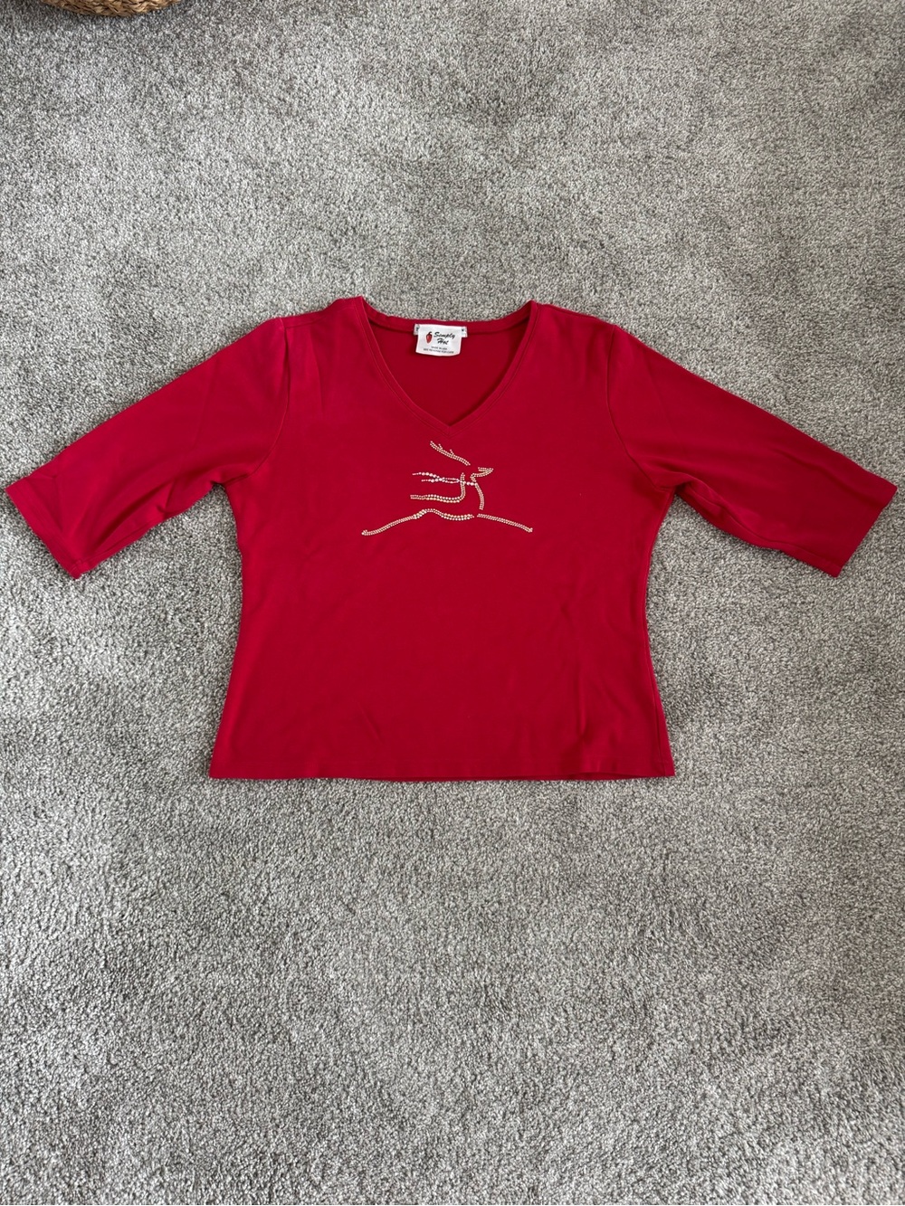 Port Authority Red V-Neck 3/4 Sleeve Tee with Beaded Motif